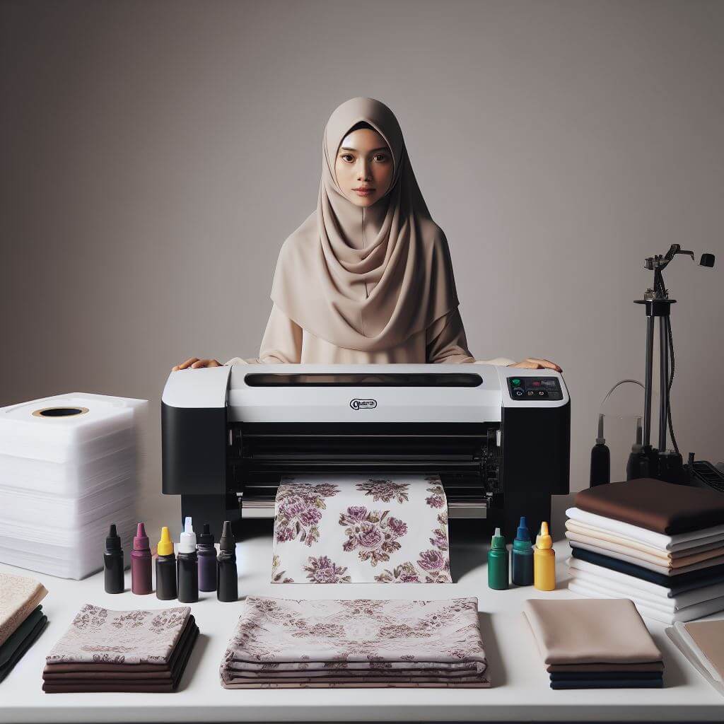 Peralatan cetak printer sublim untuk produksi hijab.