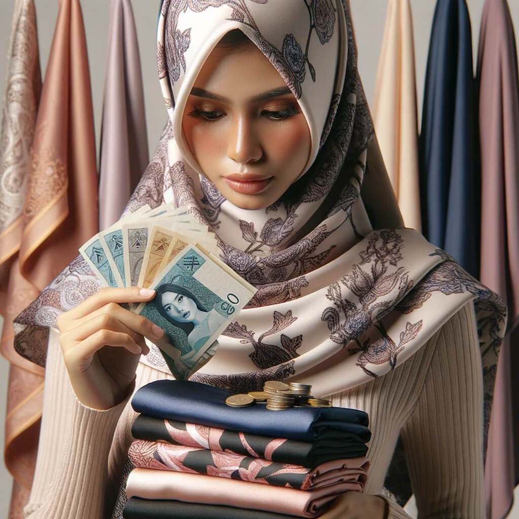 Muslimah memegang hijab berbagai motif dan uang.