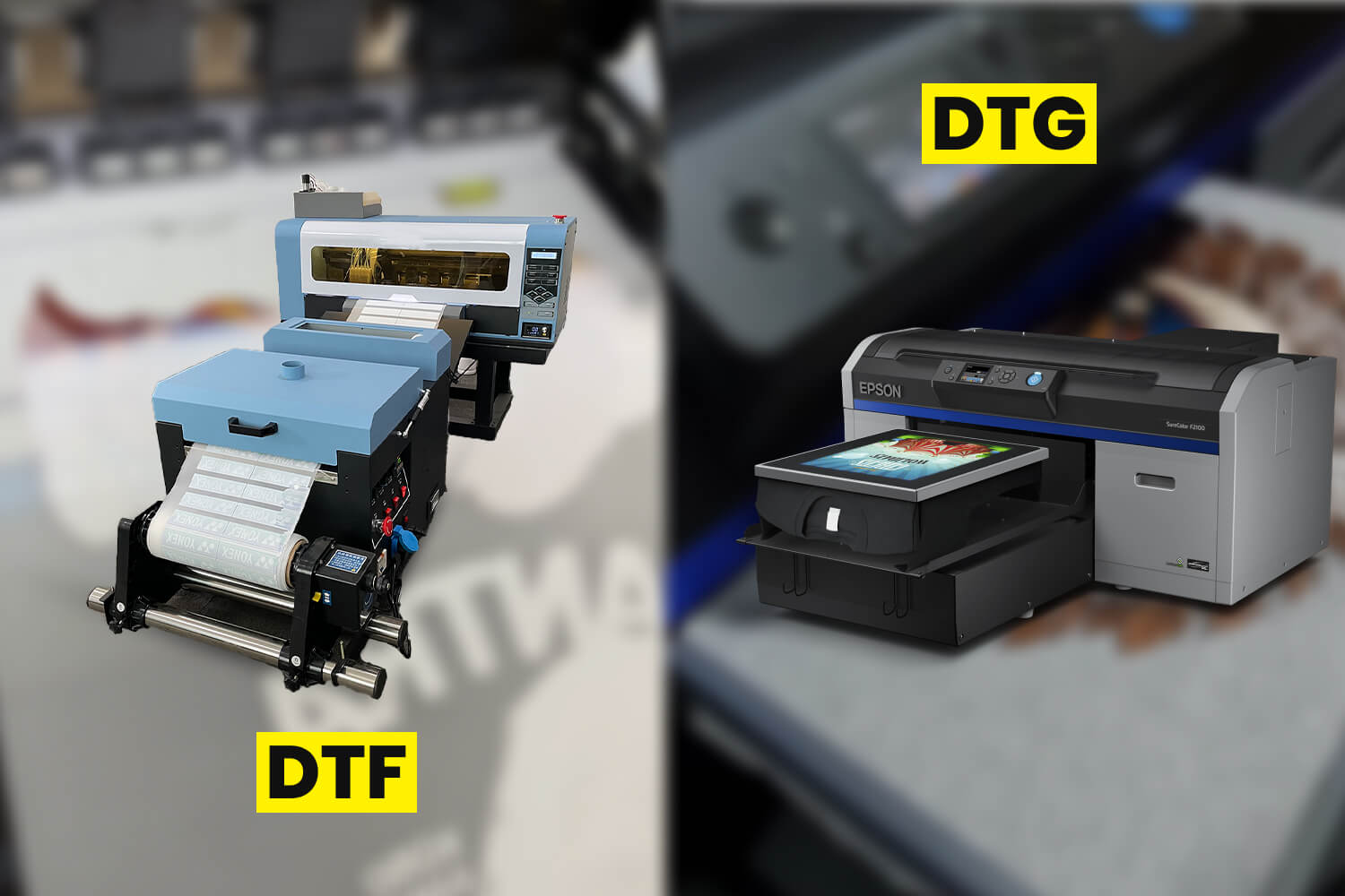 Perbandingan antara printer DTF dan DTG untuk bisnis sablon, dengan tinta khusus untuk DTF dan cetakan langsung ke kaos untuk DTG
