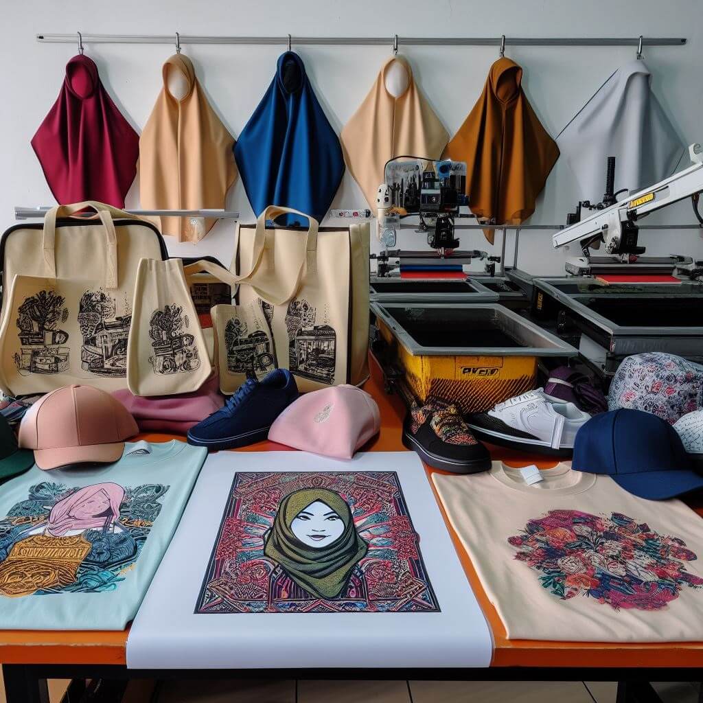 Tas, topi, sepatu, dan hijab dengan desain sablon DTF.