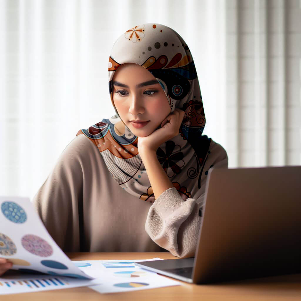 Wanita menganalisis data pasar hijab untuk bisnis brand sendiri.