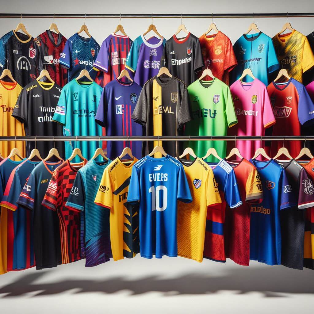 Berbagai macam jersey custom olahraga dan esports dipajang.