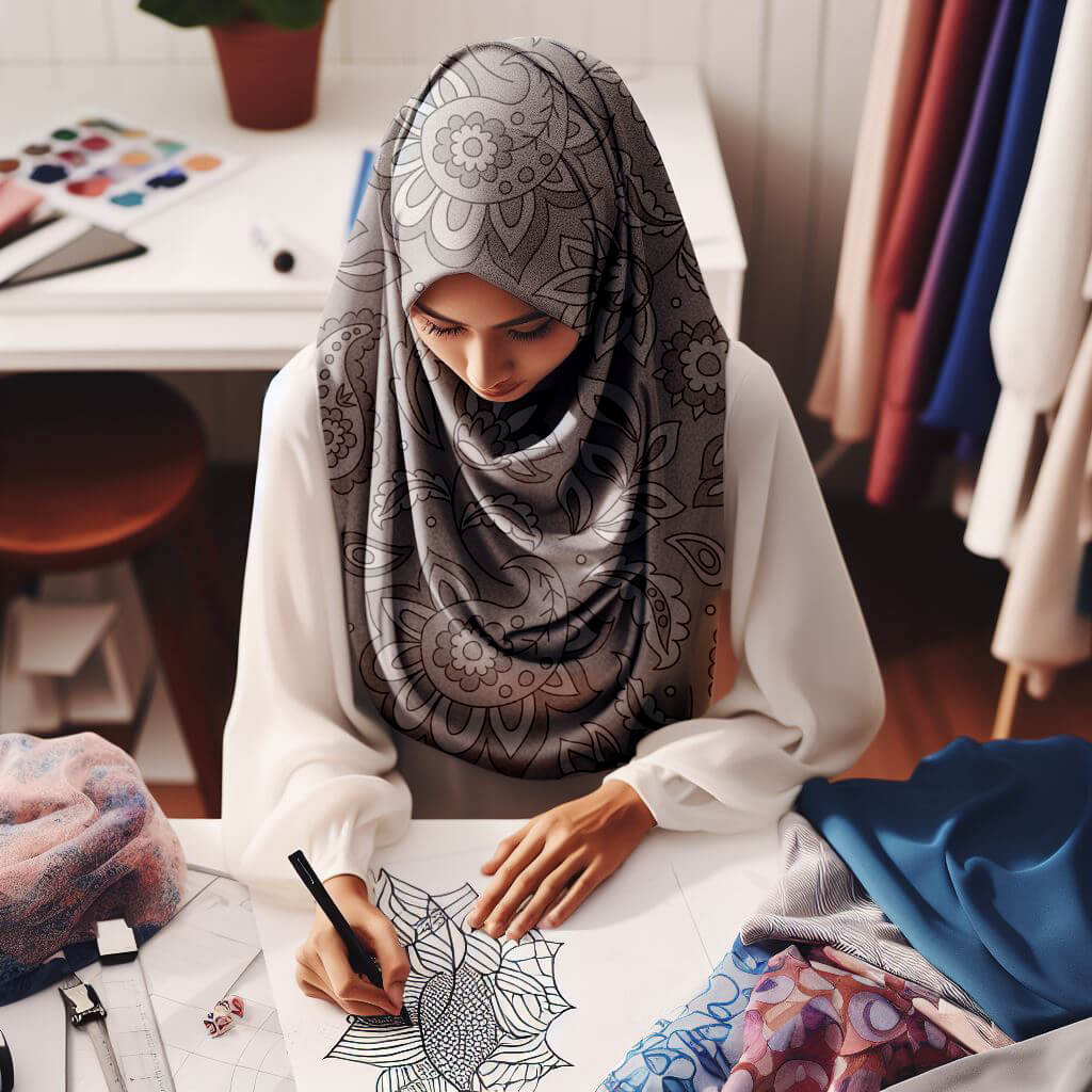 Desainer hijab menggambar desain baru untuk brand hijab.