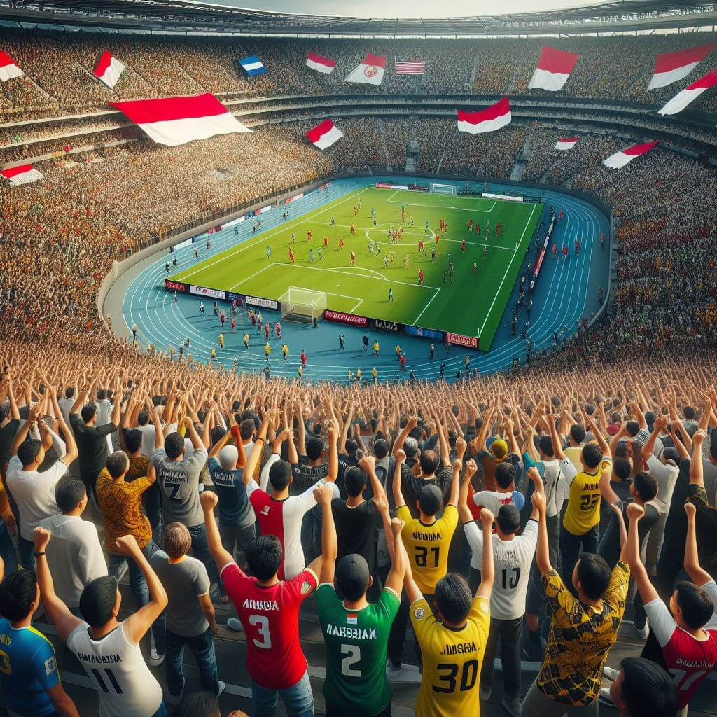 Fans sepak bola dan basket Indonesia bersorak di stadion dengan jersey beragam.