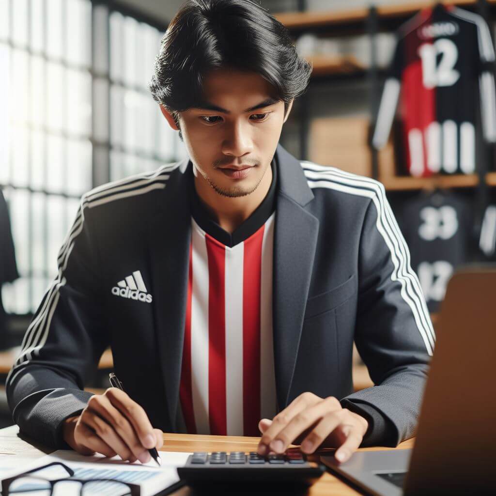 Menghitung keuntungan penjualan jersey custom di komputer.