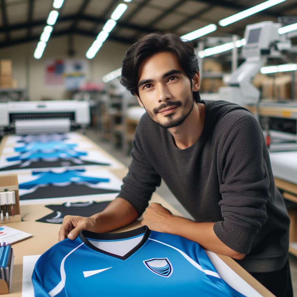 Pebisnis memeriksa sampel jersey dari produksi maklon dengan peralatan dilatar belakang.