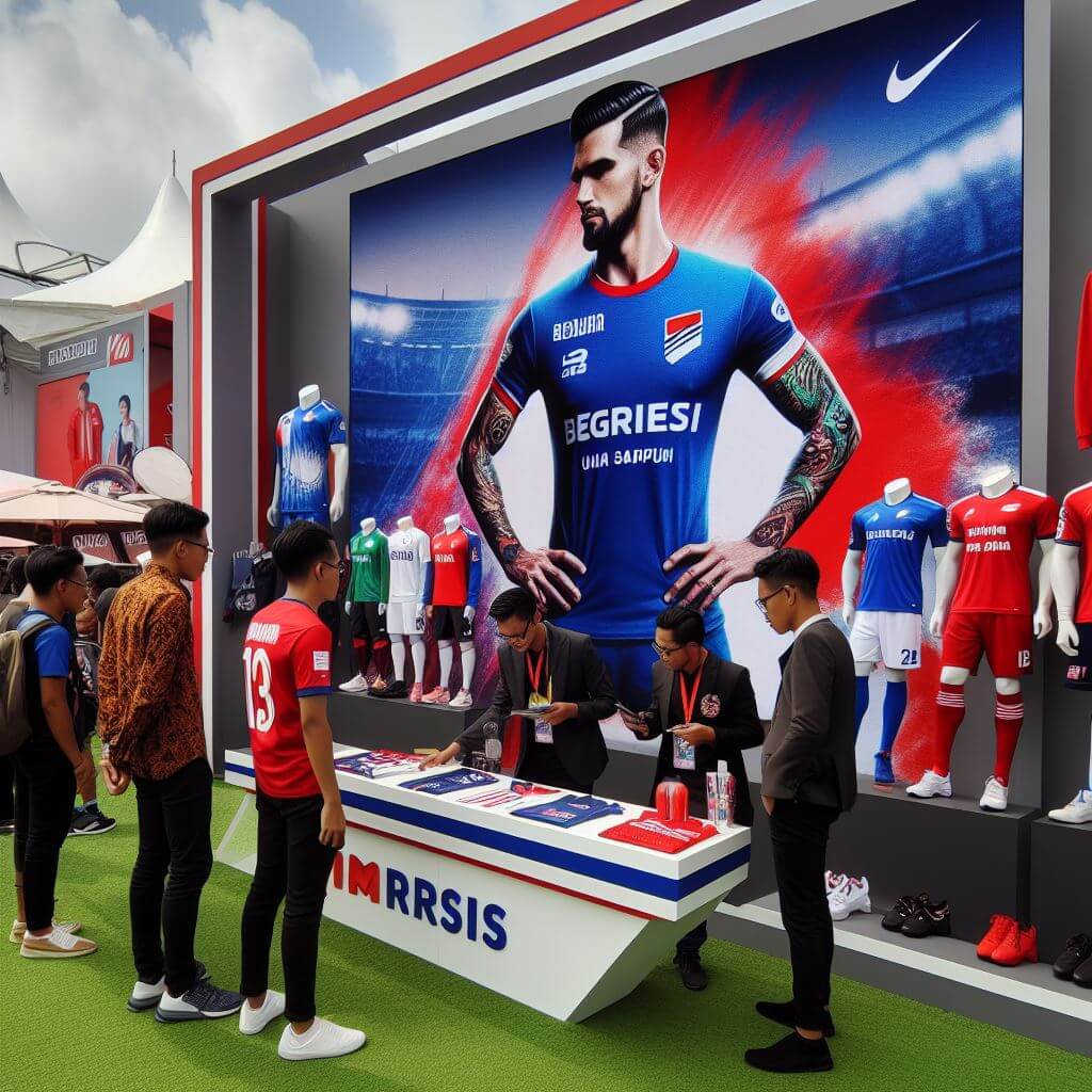 Stand promosi jersey di event olahraga dengan interaksi pebisnis dan pelanggan.