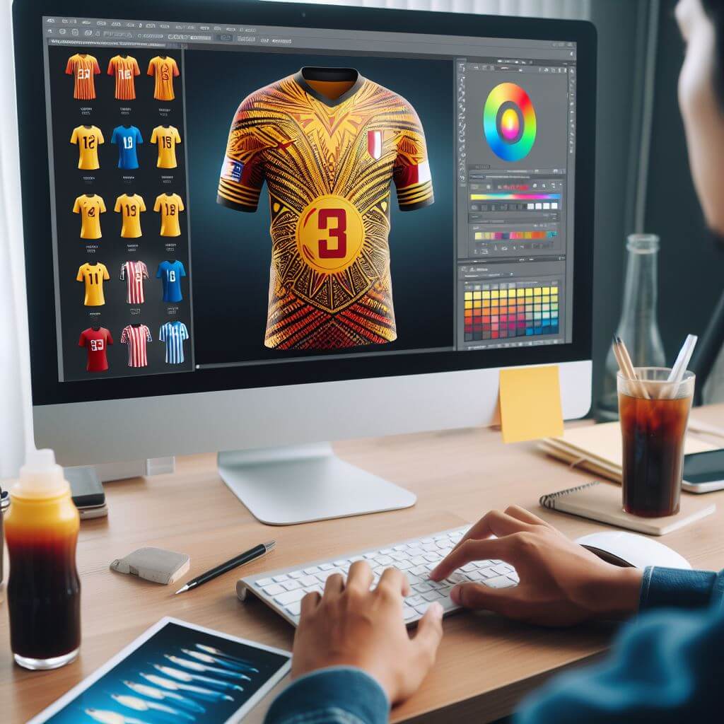 Tim desain grafis sedang menciptakan desain jersey inovatif dan unik.