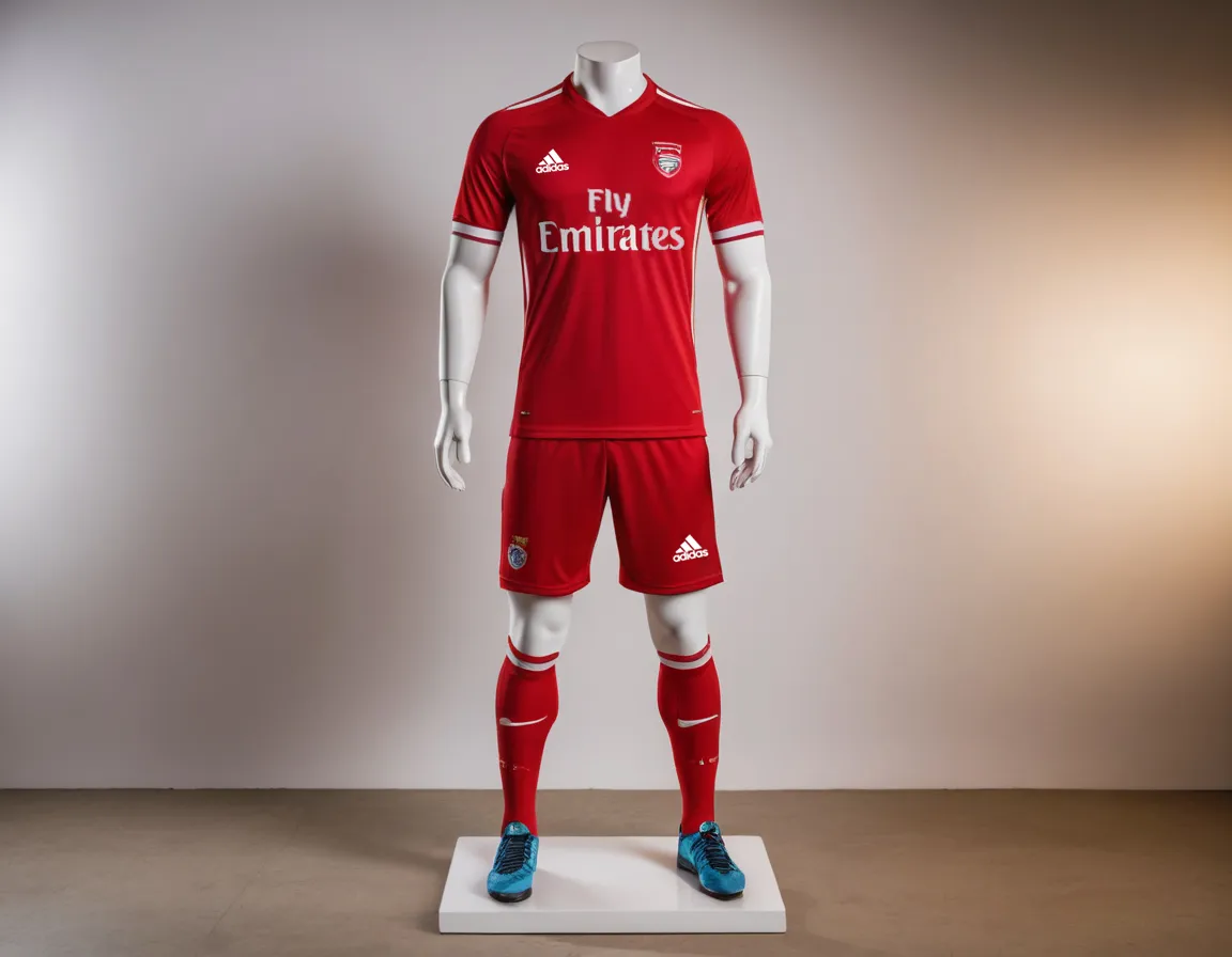 Match worn jersey merah lengkap dengan noda dan tanda pemakaian, simbol sejarah olahraga.