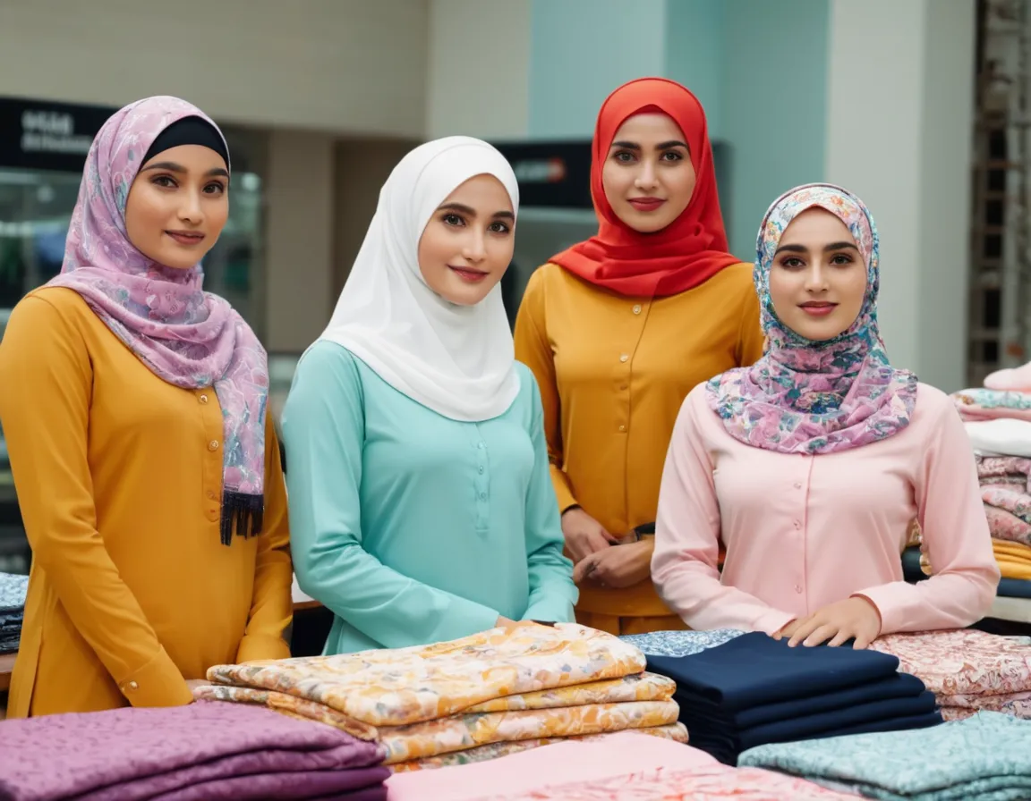 Empat wanita mengenakan hijab yang berbeda warna, mewakili diversifikasi produk dalam bisnis maklon tekstil.