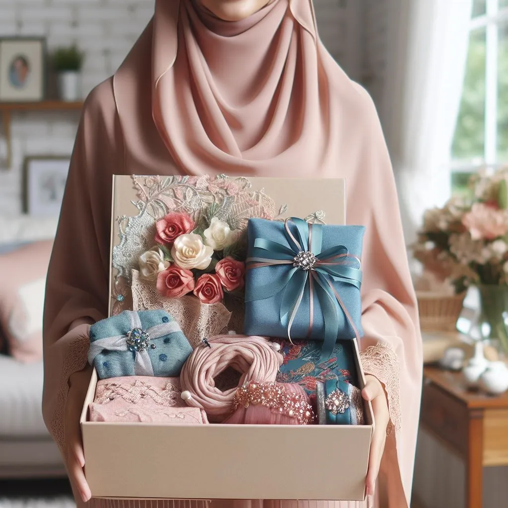 Hamper hijab lengkap dengan jilbab, pashmina, kerudung, dan aksesoris cantik.
