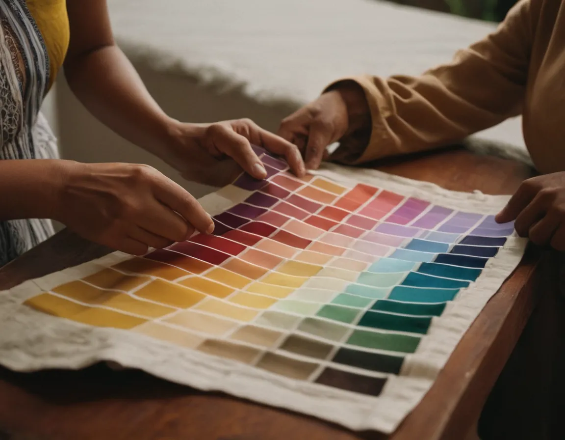 Tangan-tangan memilih warna dari palet sebagai simbol kontrol kualitas terbatas dalam maklon.