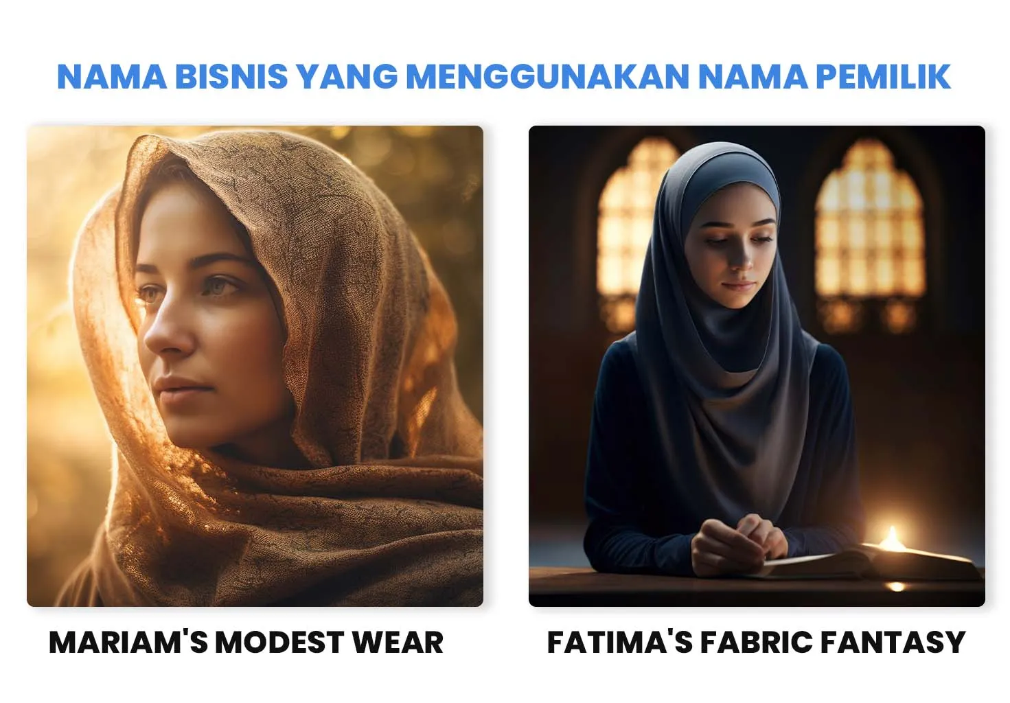 Dua contoh bisnis hijab yang menggunakan nama pemilik, Mariam's Modest Wear dan Fatima's Fabric Fantasy.