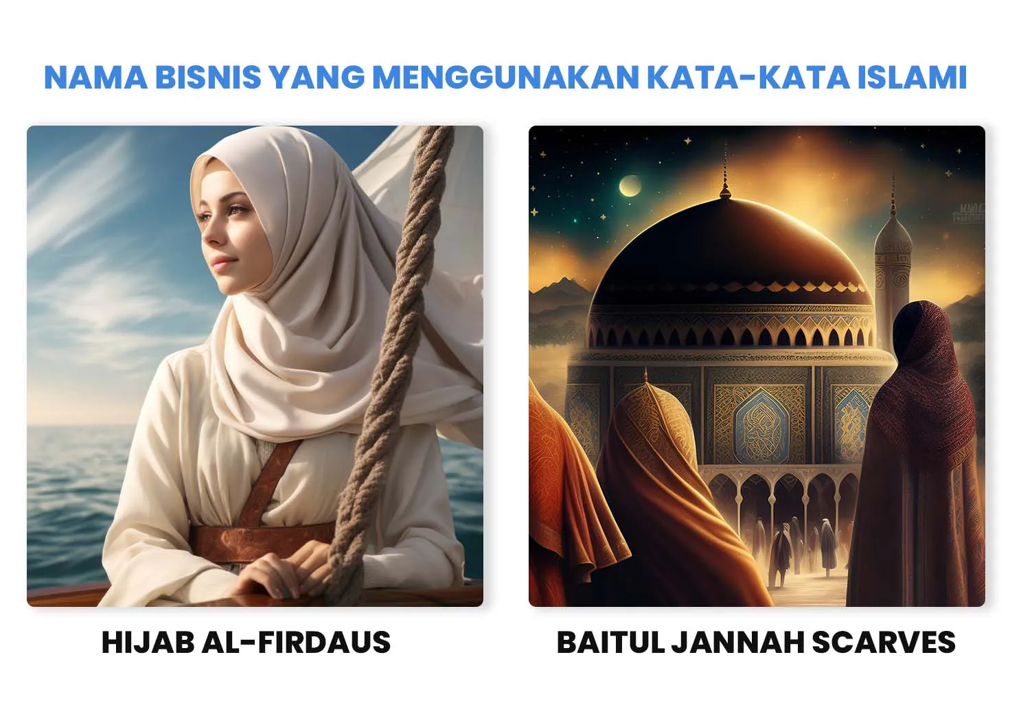 Hijab Al-Firdaus dan Baitul Jannah Scarves, dua contoh bisnis hijab dengan nama bernuansa Islami.