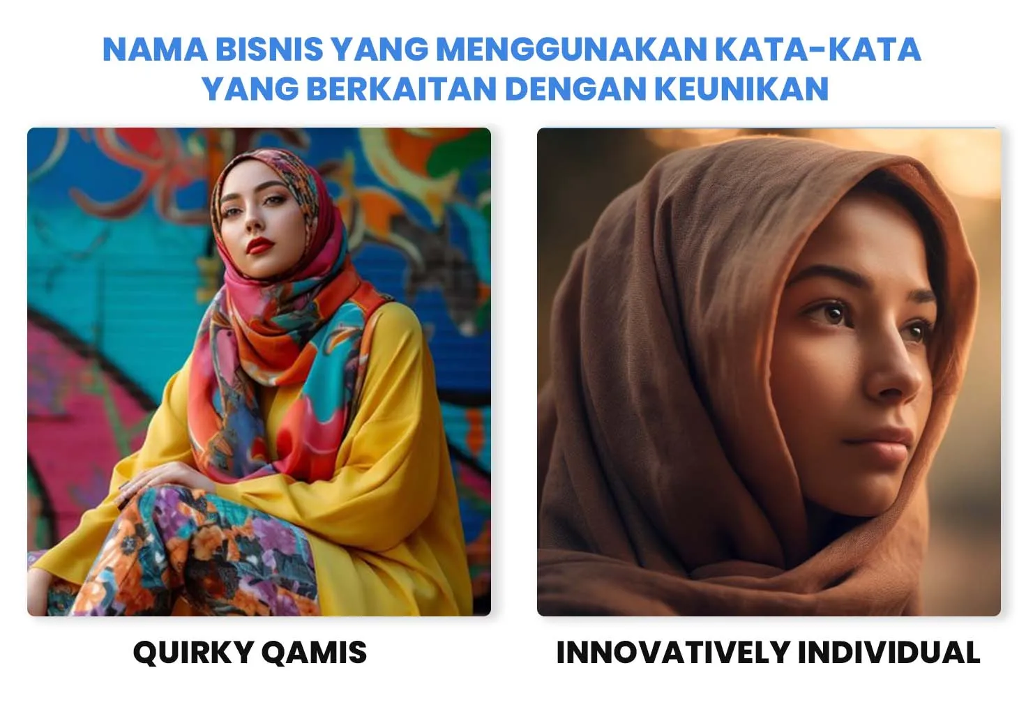 Quirky Qamis dan Innovatively Individual menampilkan hijab dengan desain unik yang mencerminkan identitas brand.