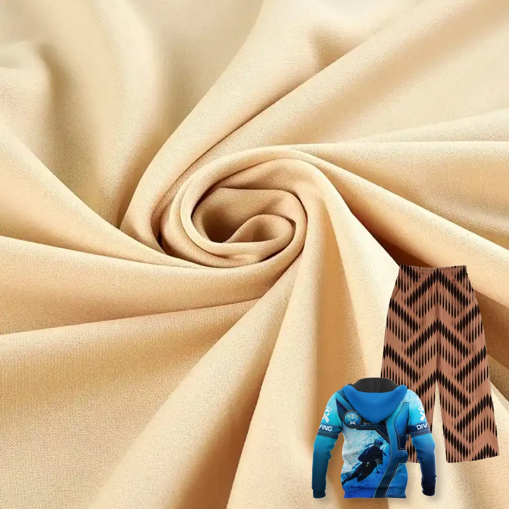 Close-up kain polyester scuba halus untuk pencetakan sublimasi.