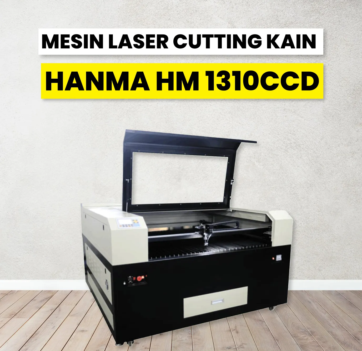 Mesin laser cutting HANMA HM 1310CCD yang cocok untuk kain, kulit asli, dan bahan dekoratif.