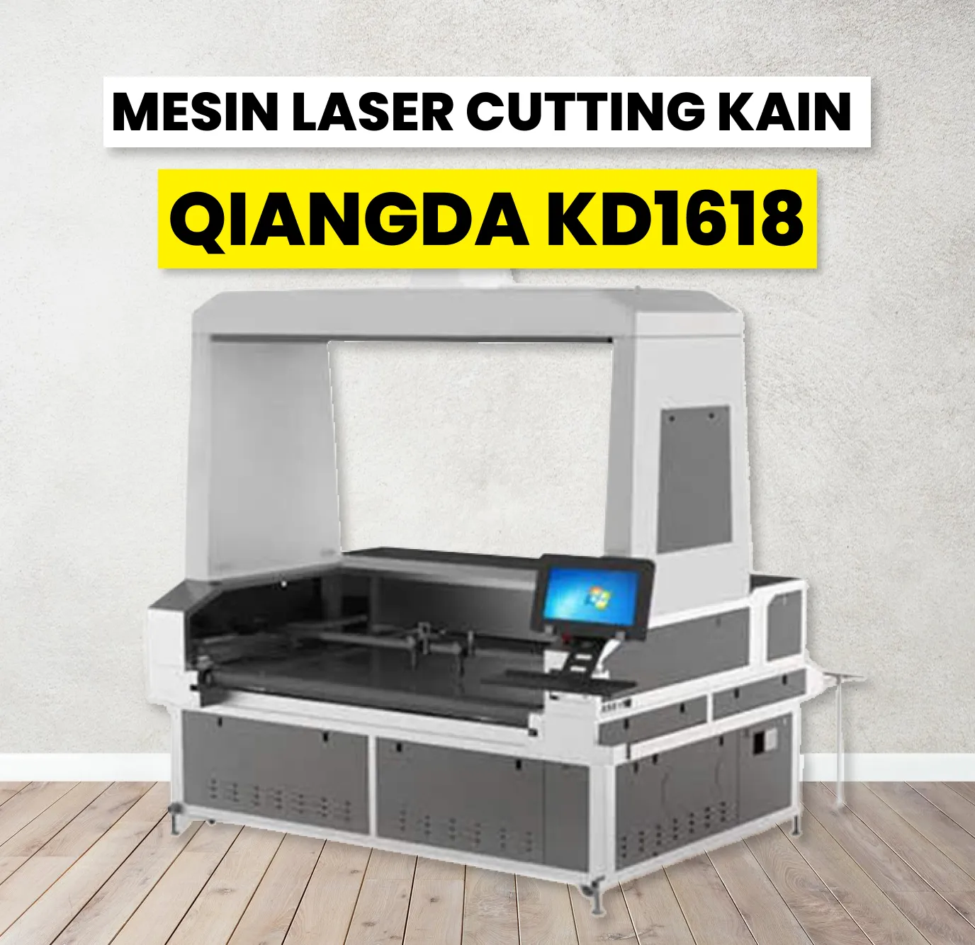 Mesin laser cutting QiangDa KD1618 dengan working table besar dan dual laser head untuk hijab dan jersey.