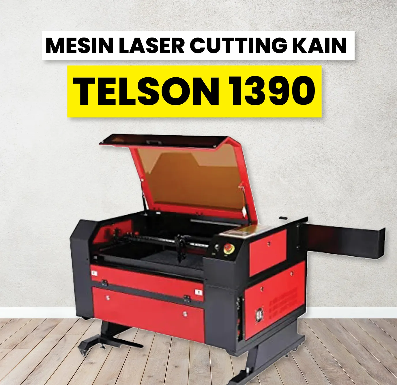 Mesin laser cutting TELSON 1390 dengan double head untuk memotong dan mengukir bahan non-metal.