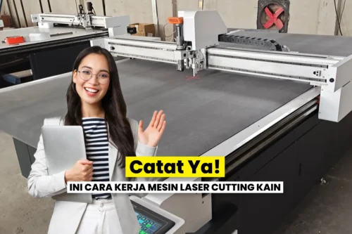 Wanita yang tersenyum memperkenalkan mesin laser cutting kain yang efisien untuk produksi hijab.