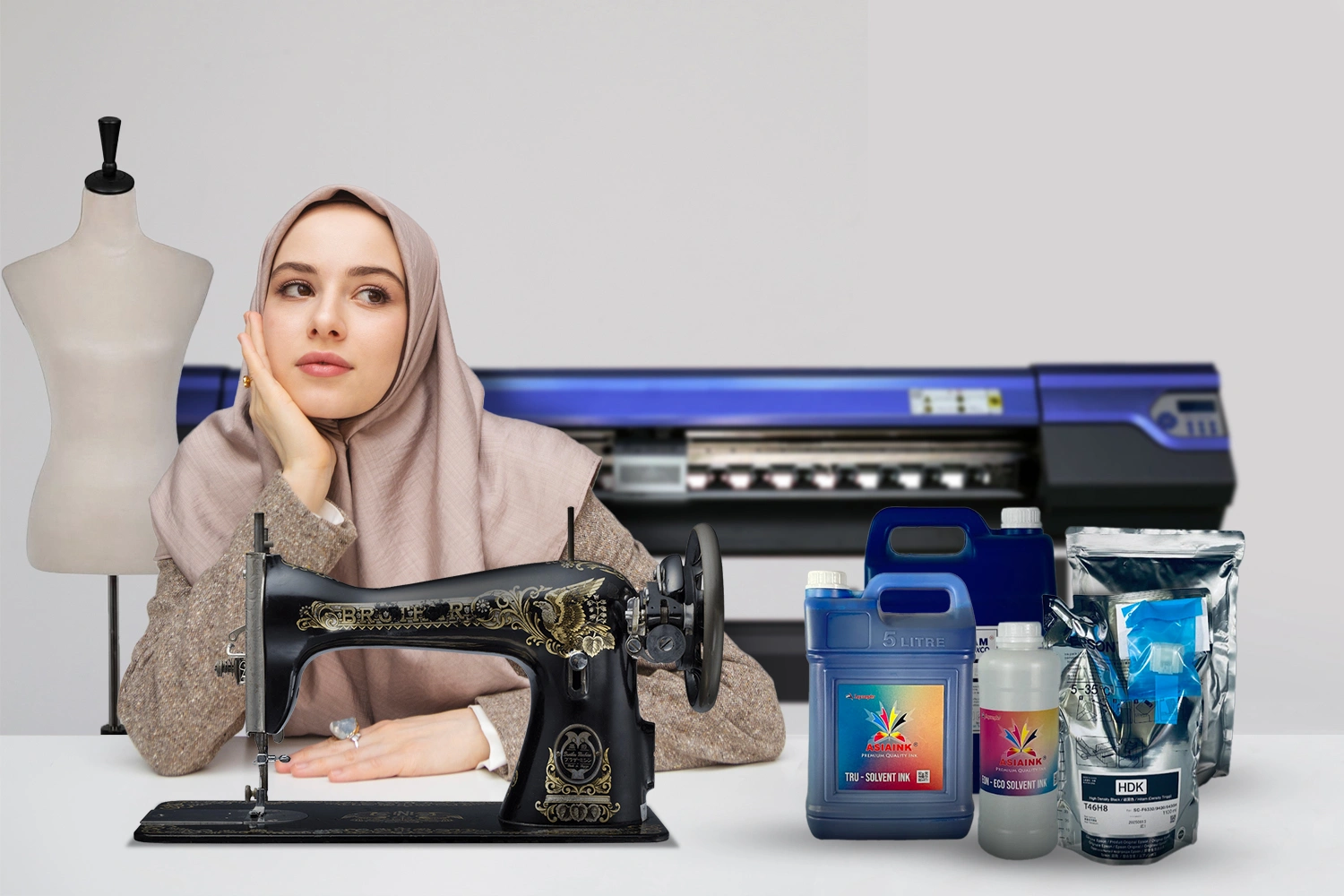 Berbagai peralatan untuk hijab printing seperti printer sublim dan bahan consumable.