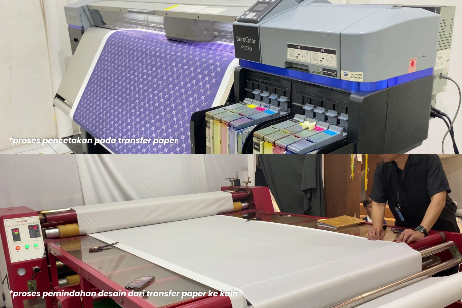 Proses memindahkan desain dari transfer paper ke kain hijab menggunakan mesin heatpress.