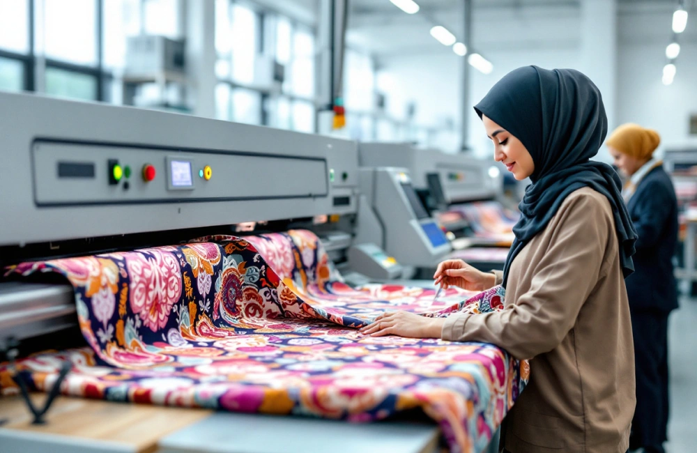 Mesin digital printing sedang mencetak produk hijab.