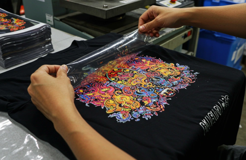 Proses cetak Direct to Film printing.
