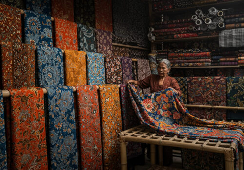 A woman arranging vibrant traditional Indonesian batik fabrics in a shop.