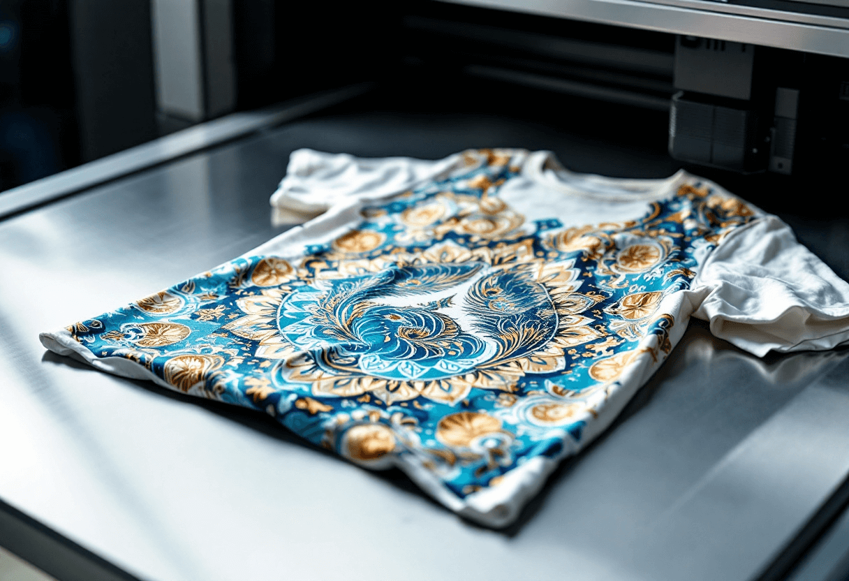 High-quality DTF printed t-shirt featuring intricate blue and gold paisley pattern with feather motifs on white fabric, displayed on gray surface under professional lighting