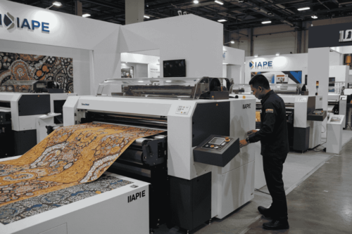 A textile printer showcasing vibrant patterned fabric at the IAPE exhibition, with a person operating the machine.