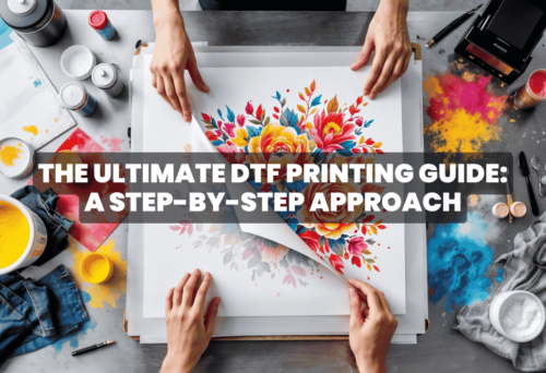 Hands peeling a sheet with a vibrant floral design on a DTF printing setup, surrounded by colorful inks and tools.