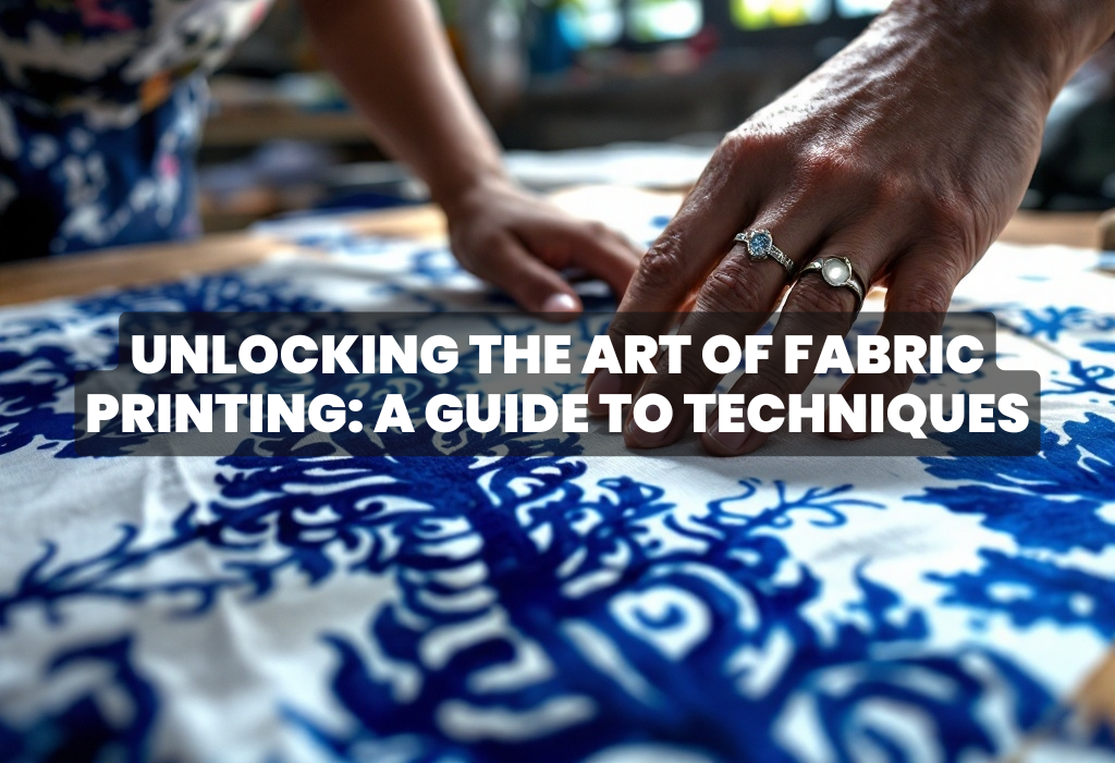 A person’s hand touching fabric with intricate blue printed patterns on a white background.