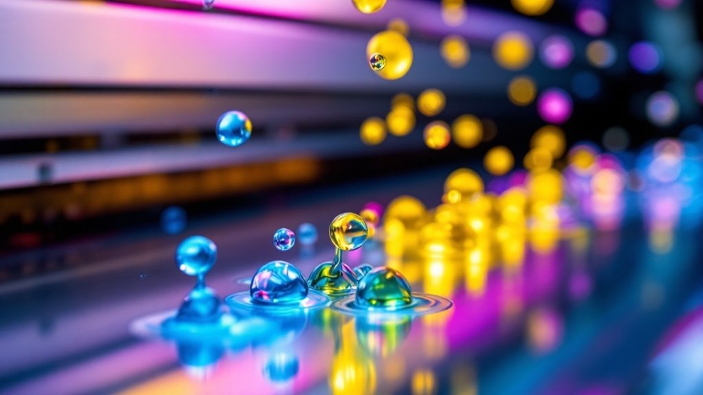 Colorful droplets of eco-solvent ink on a printing surface with a vibrant background.