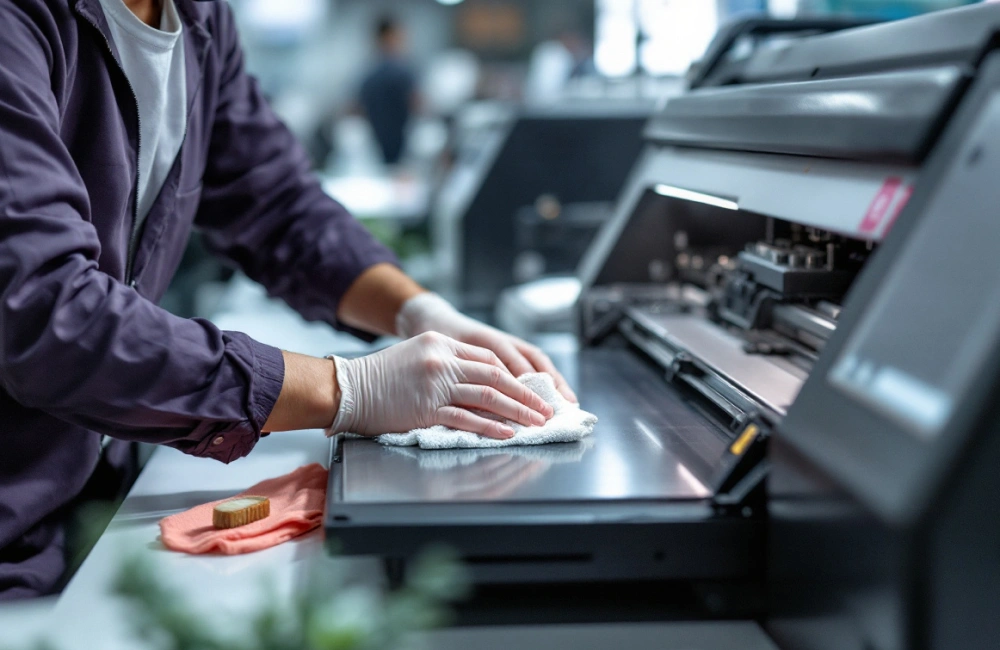 Teknisi sedang melakukan perawatan pada printer.