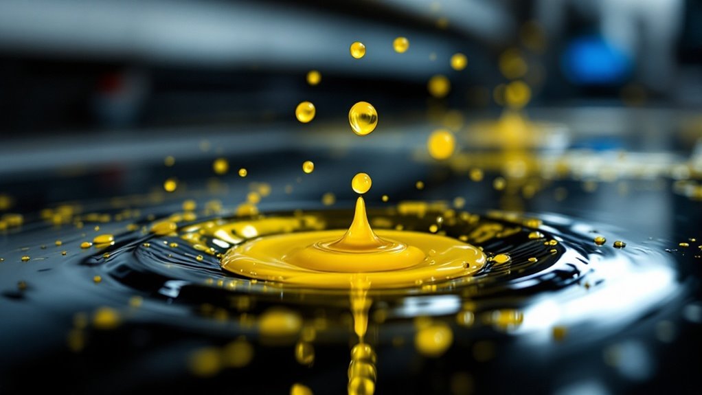Close-up of yellow solvent ink droplets splashing on a reflective surface, illustrating durability and vibrancy.