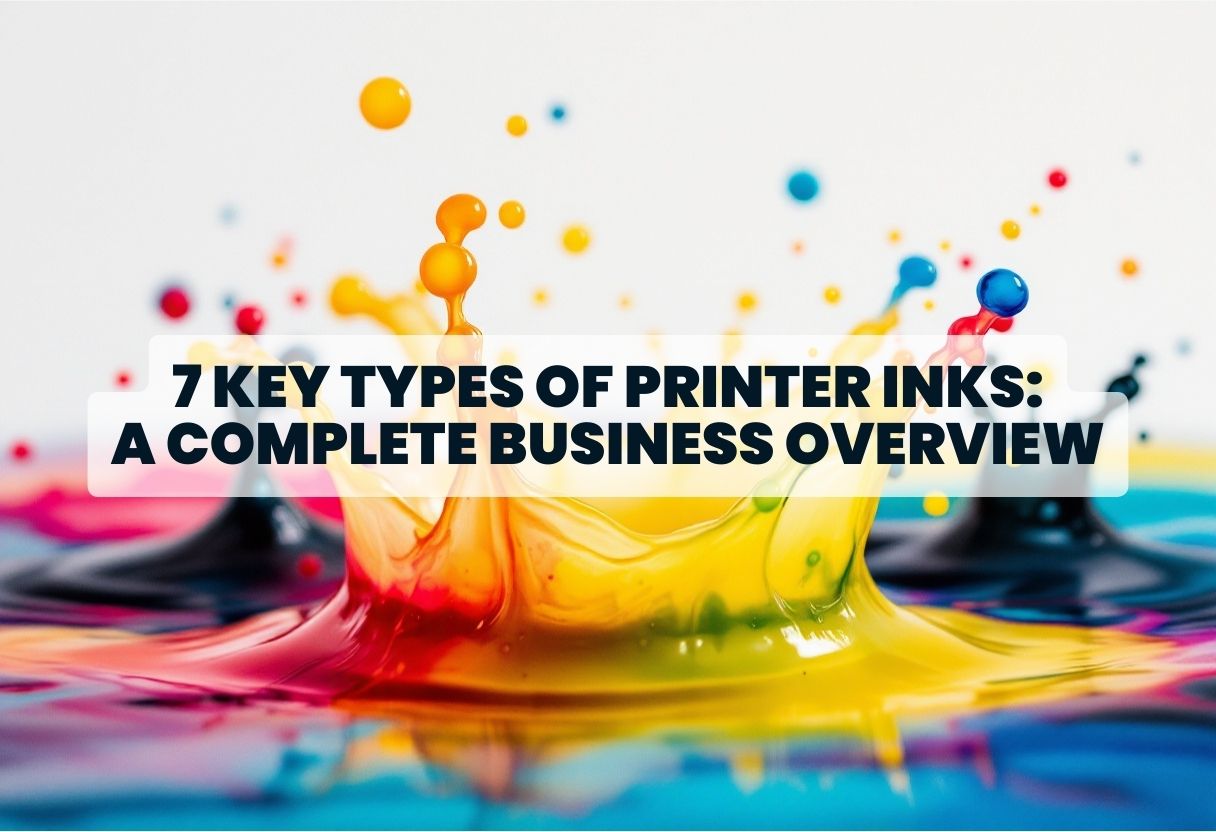 Splashes of colorful printer ink with text overlay about 7 key types of printer inks.