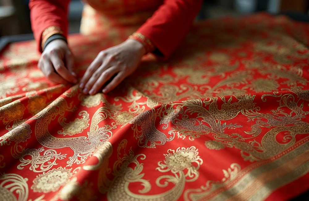 Desain printing fashion dengan motif koin emas, ikan koi, dan naga untuk pakaian Imlek.
