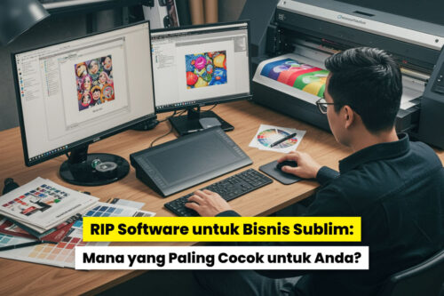 Teknisi sedang menggunakan aplikasi rip software untuk proses cetak.