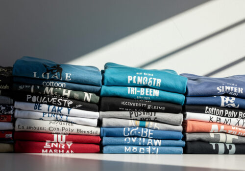 Stacks of folded colorful t-shirts with printed designs placed on a flat surface, highlighting fabric variety for screen printing.