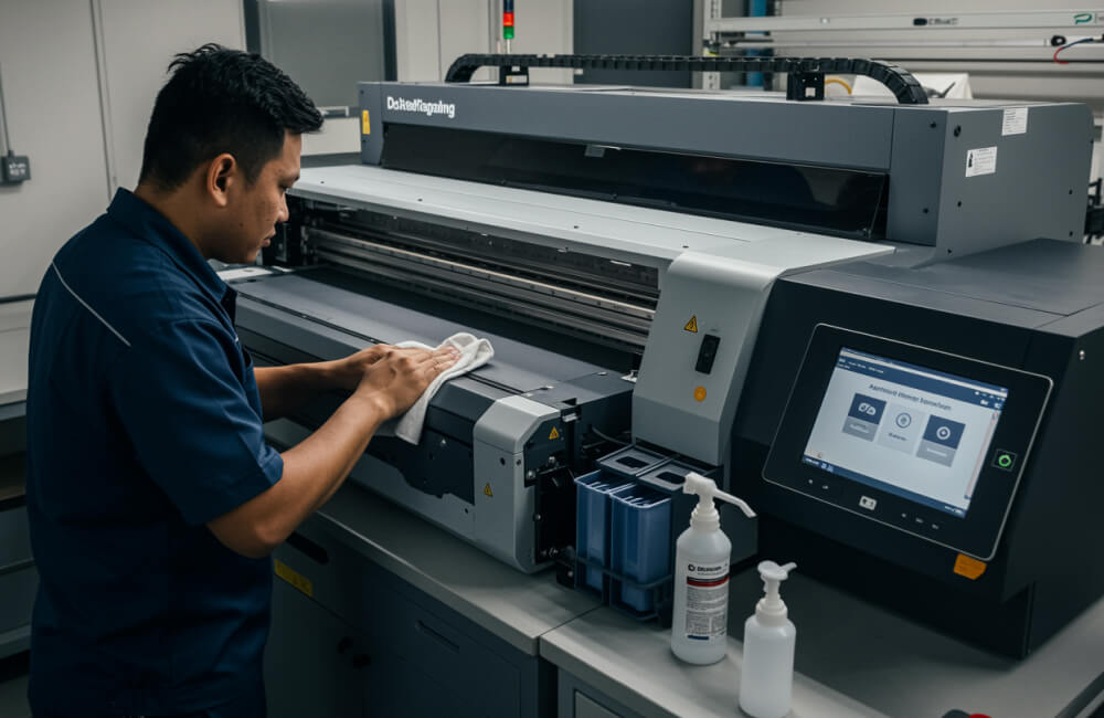 Teknisi sedang melakukan maintenance kepada printernya.